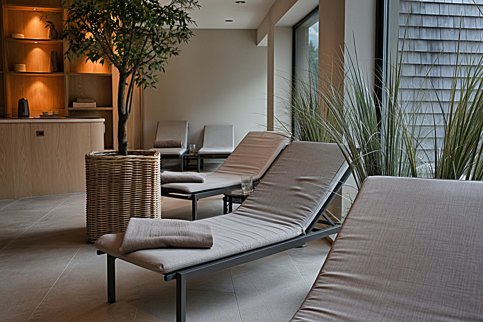 Ein einladender Wellness-Bereich eines Hotels mit Liegen, Pflanzen und sanftem Tageslicht