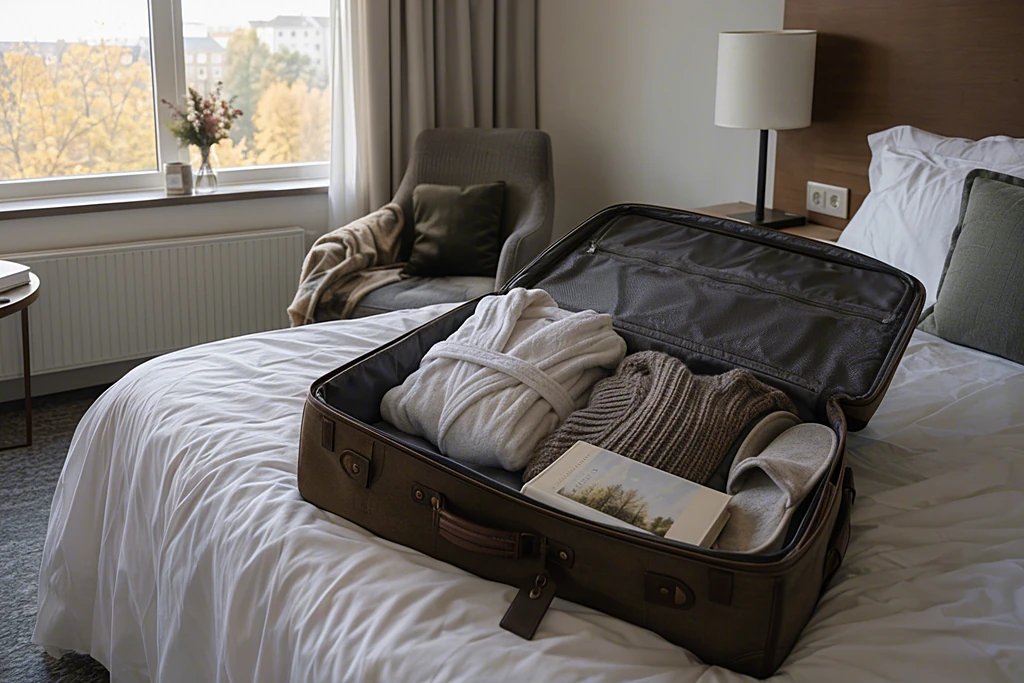 Geöffneter Koffer mit Bademantel, Pullover, Badeschuhen und Buch auf einem Hotelbett im Herbstlicht